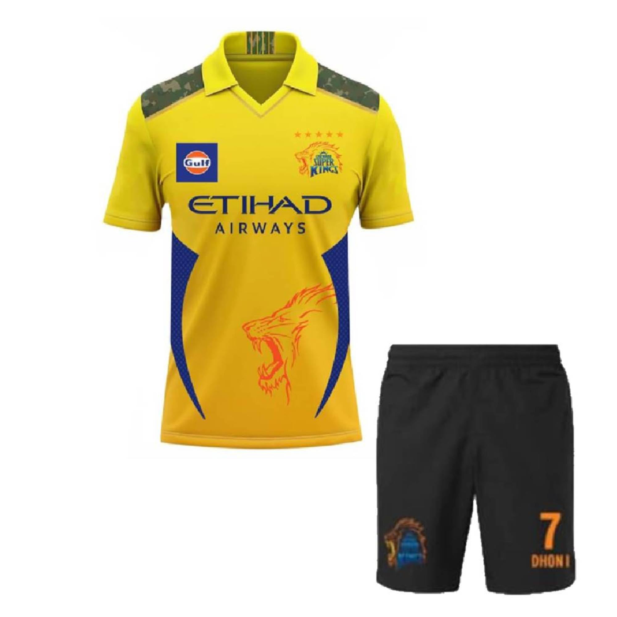 CSK ms Dhoni 7 Official chennai Cricket Team Jersey with Black Shorts 2024 for - Boys and Men