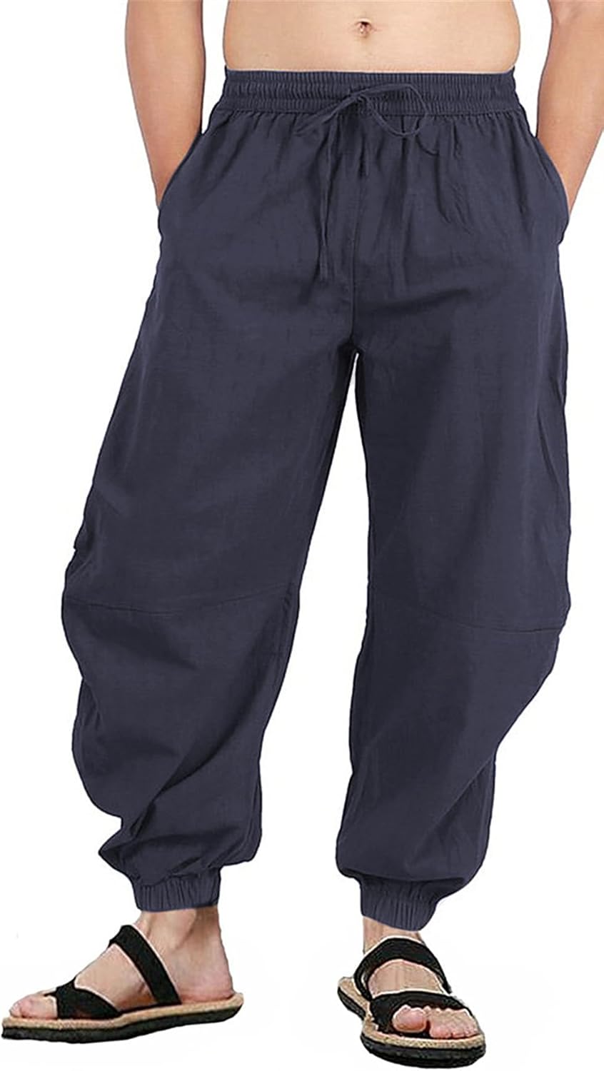 perdontoo Mens Casual Cotton Linen Pant Elastic Waist Drawstring Yoga Jogger Pants