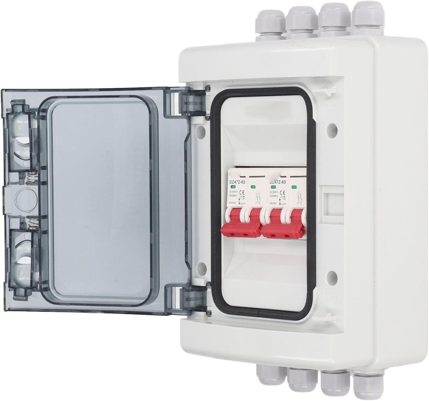 2 in 2 Out DC Miniature Circuit Breaker 500V 63A with Junction Box PV Solar Disconnect Switch Power Distribution IP65 Battery Breaker Protector