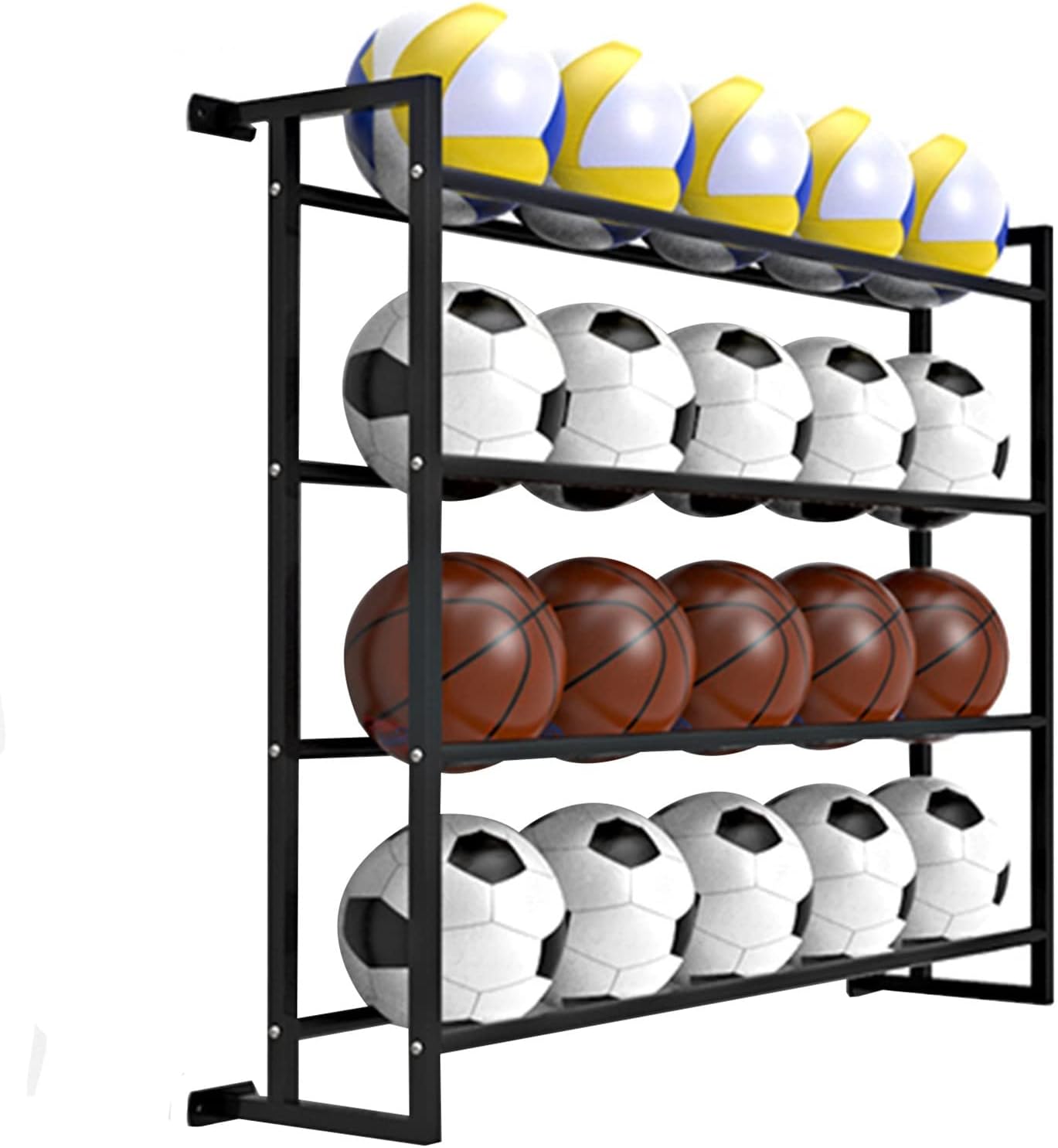 Wall-Mounted Ball Storage Organizer Rack, Heavy Duty 4 Tier Steel Sports Equipment Stand for Basketball Football Volleyball, Small Space,