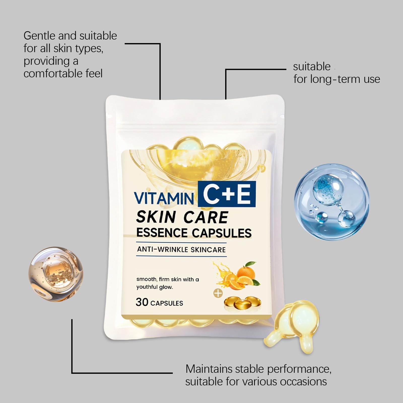 Capsule di siero di vitamina C con collagene, vitamina E siero viso anti-invecchiamento per donne e uomini, alleggerimento della pelle, riduzione delle rughe, macchie scure, linee sottili (180 pezzi)