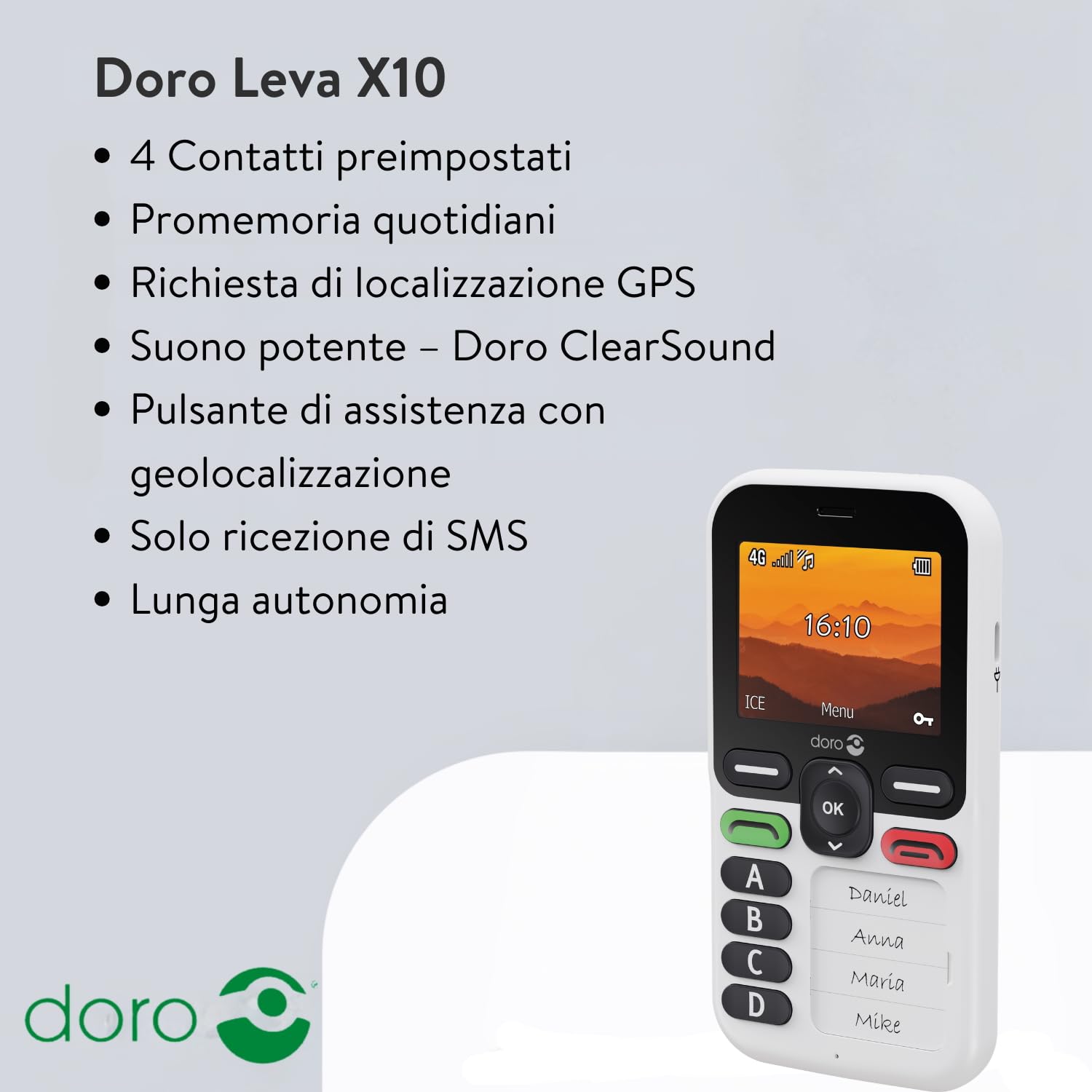 Doro Leva X10 Cellulare per Anziani 4G Semplice, 4 Numeri Preimpostati, Tasto SOS con GPS, Solo Chiamate e SMS, Bianco