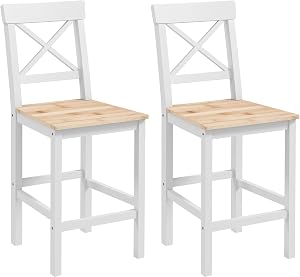 HOMCOM Bar Stools Set of 2, Farmhouse Counter Height Barstools, Solid Wood Bar Chairs with Cross Back and Footrest for Kitchen, Natural