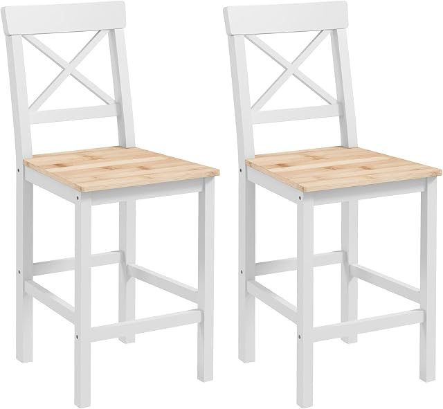 HOMCOM Bar Stools Set of 2, Farmhouse Counter Height Barstools, Solid Wood Bar Chairs with Cross Back and Footrest for Kitchen, Natural