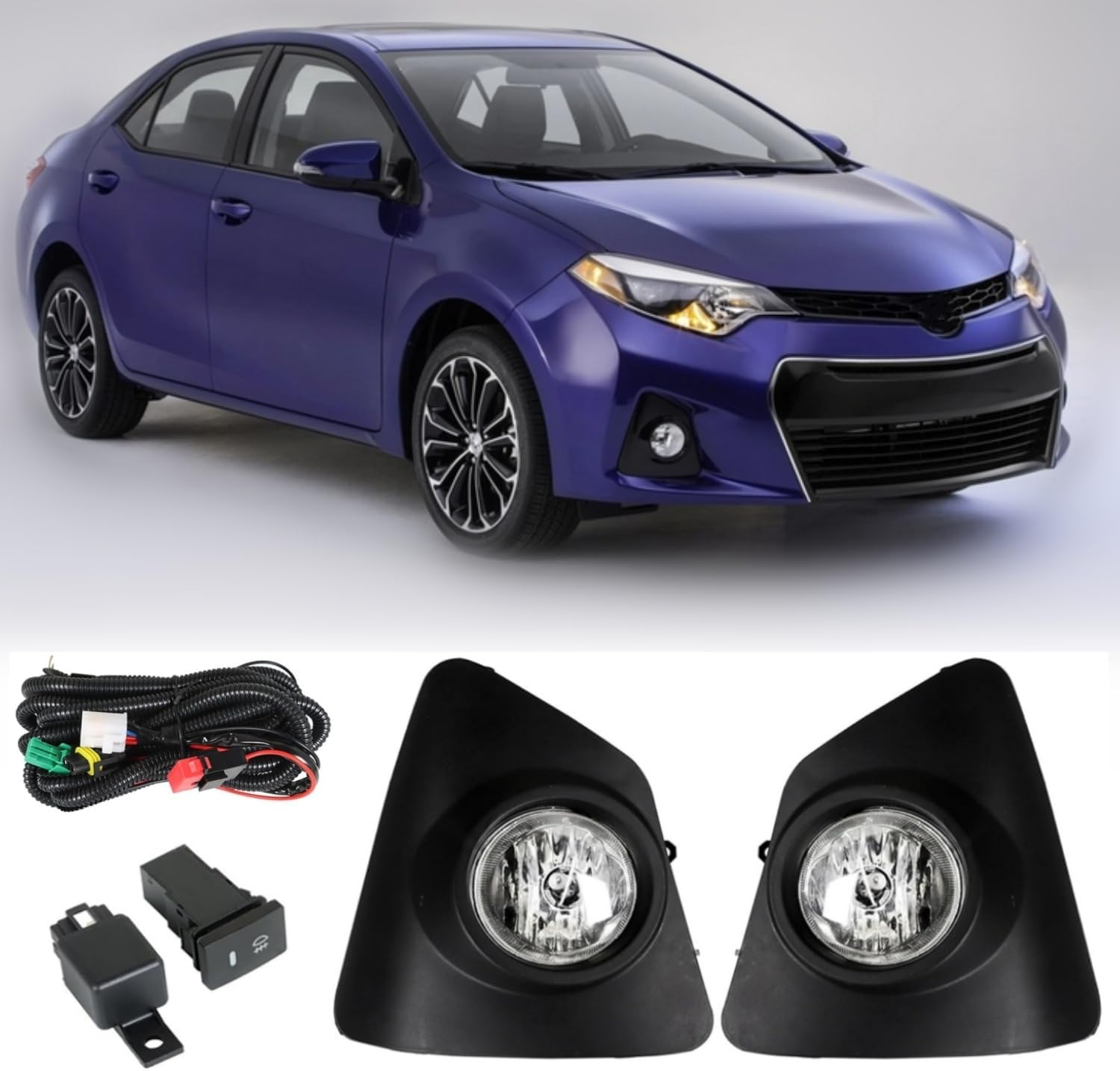 Fog Light Assembly Replacement for 2014-2016 Toyota Corolla S SE Clear Lens with Bulbs+Wiring Kit+Switch Driver and Passenger Side