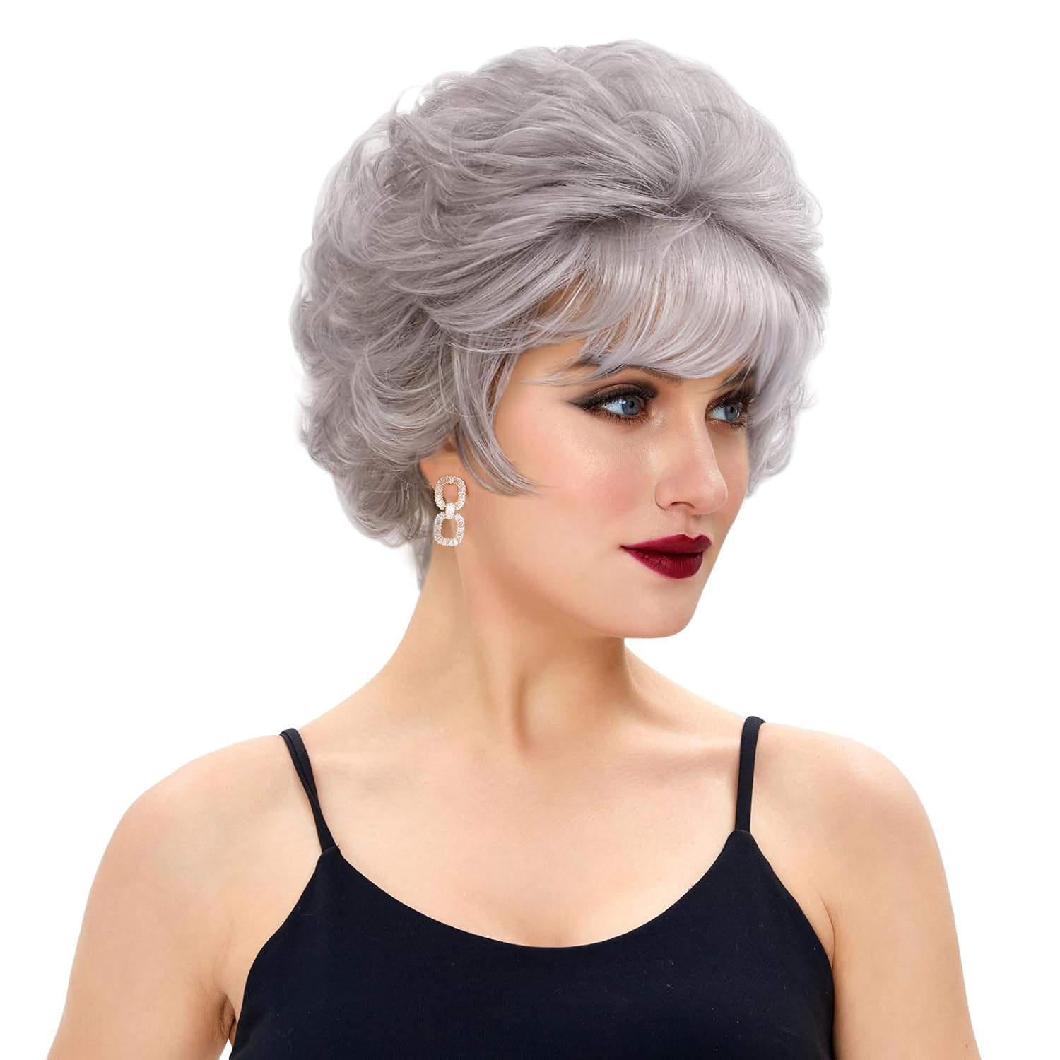 Short Silver Grey Curly Wigs for Women Heat Resistant Synthetic Hair Water Wave Womens Wigs for Old Lady Mrs Claus Wig (Grey&White)