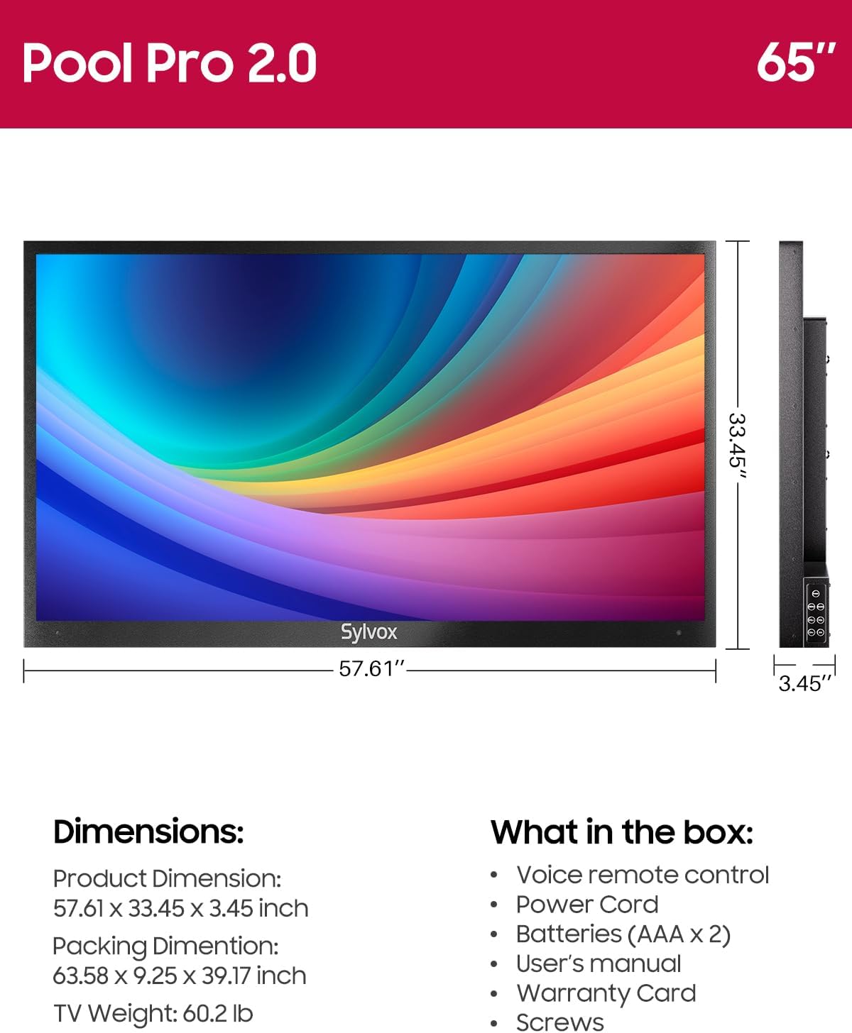 SYLVOX Outdoor TV, 65-Inch Waterproof Smart TV, 2000 nits Full Sun TV, 4K, Dolby Atmos, Waterproof Soundbar, & Adjustable Wall Mount