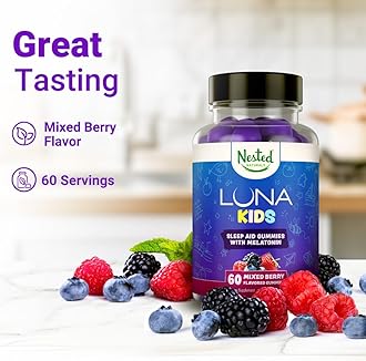 Nested Naturals Luna Kids Sleep Gummies - Non-Habit Forming Kids Melatonin Gummy with Valerian Root, Chamomile, and Lemon Balm - Children's Melatonin Sleep Aid - Mixed Berry, 60 Vegan Gummies