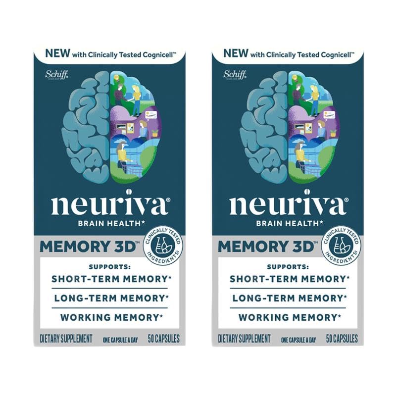NEURIVA Memory 3D Brain Supplement - Nootropic Capsules for Memory, Focus & Cognitive Function - Short Term, Long Term, & Working Memory Support - 50ct - Pack of 2