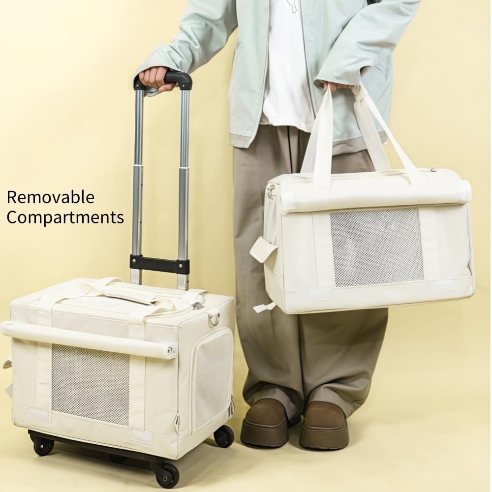 Double-Layer Rolling Pet Carrier for Two Felines, Stackable Travel Case with Mesh Panels, Detachable Compartments​