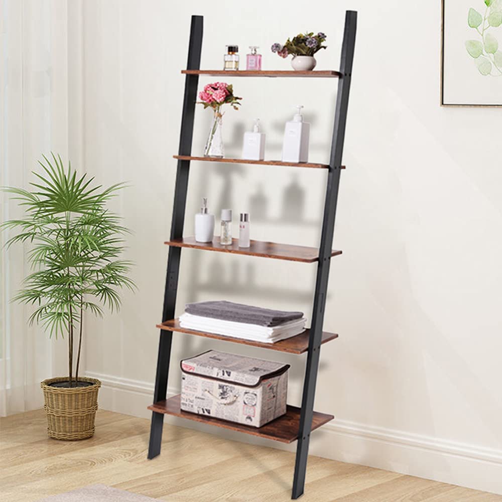 IWELL Ladder Shelf, 5Tier Leaning Bookshelf, Retro Storage Shelves