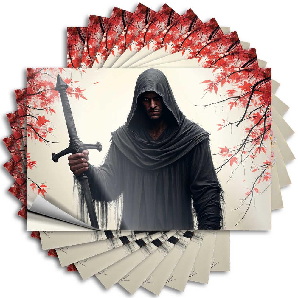 Dark Warrior with Sword Amidst Autumn Leaves Saying Camping Decorations | Vintage Hat Removable Decal Pack(12X18CM)