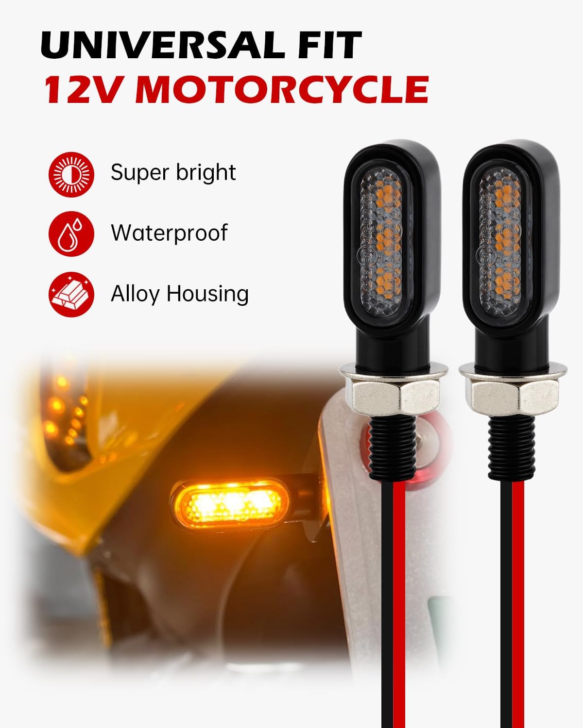 Mini LED Motorcycle Turn Signals with Front Bracket, Small Ebike Dirt Bike Blinkers Rear Lights Universal 12V for Street Sport Bike Bobber Cafe Racer Cruiser Motorbikes (Clear Lens)
