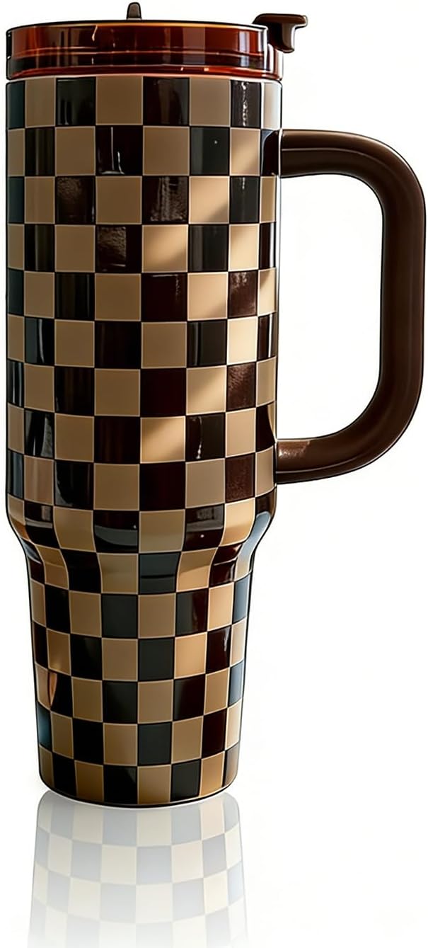 40oz Insulated Tumbler with Straw | Double Wall Stainless Steel Travel Mug | Leak Proof Lid, 24hr Cold & 12hr Hot | Reusable Water Bottle for Office, Gym, Hiking (Retro Checker)