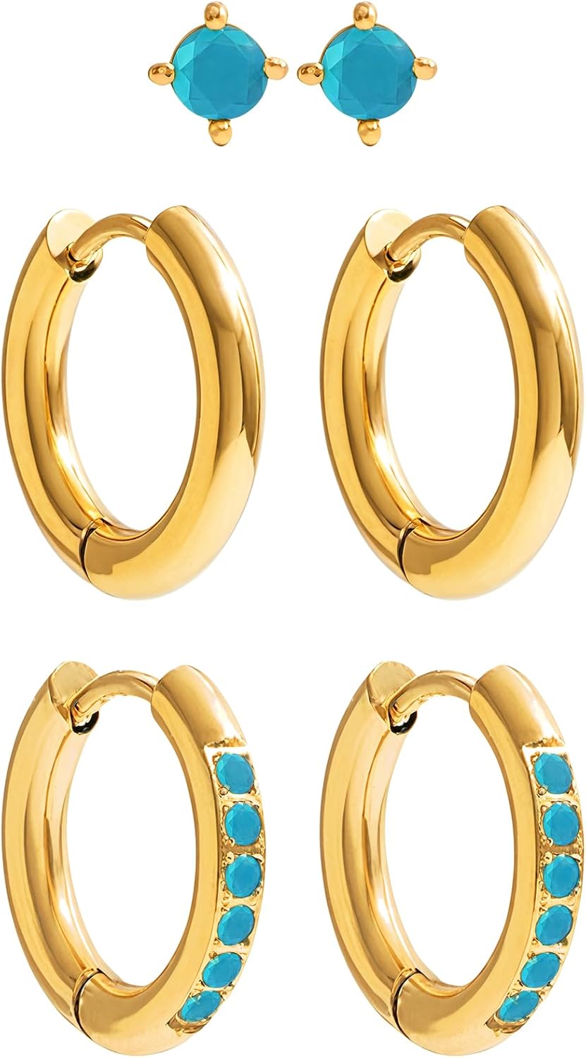 3 Pairs Small Hoop Earrings Set,Heart Turquoise Earrings for Women,18K Gold Plated Stainless Steel Cartilage Earrings for Multiple Piercings,Dainty Chain Earrings Hypoallergenic Jewelry Gift for Her