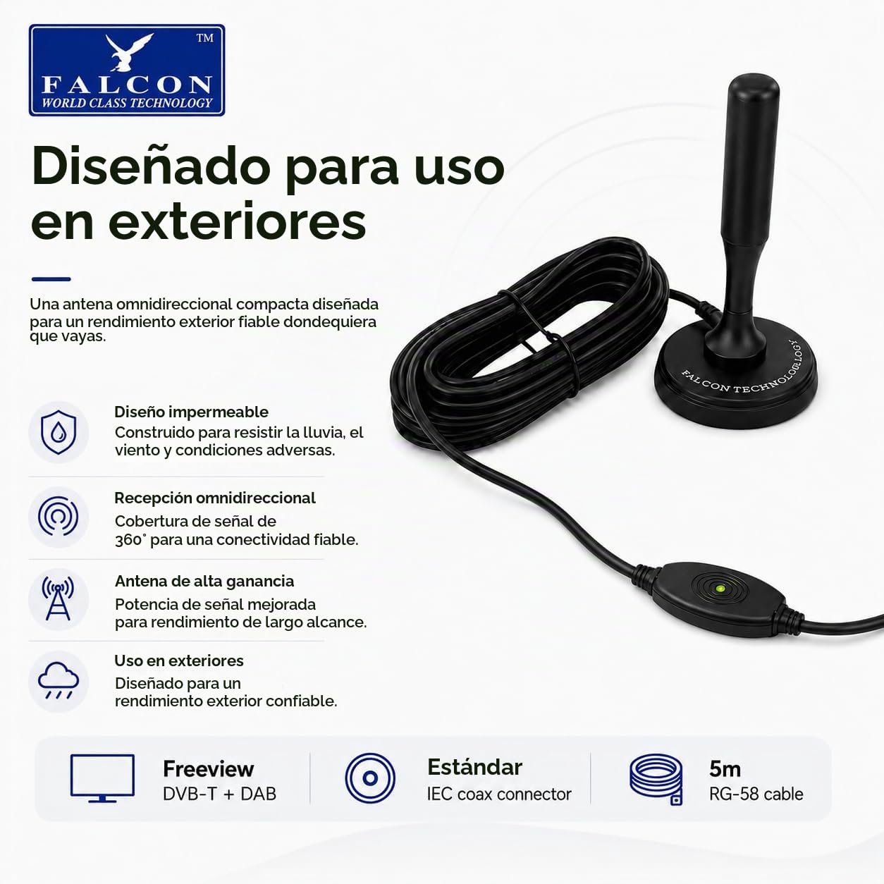 Falcon - Antena DTV portátil amplificada con soporte magnético para caravanas y autocaravanas (amplificada)