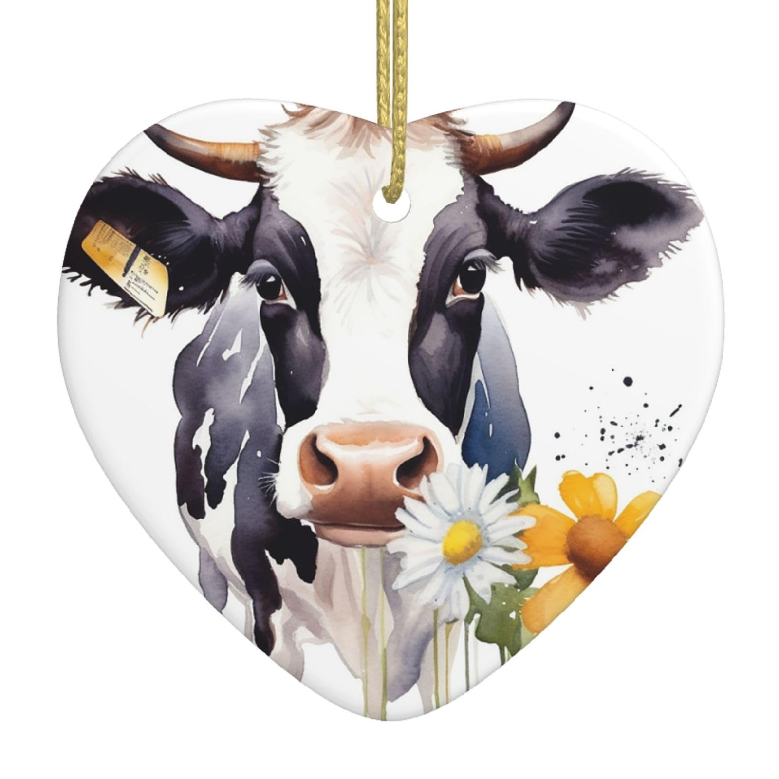 Fodpand Women's White Watercolor Cow And Daisy Flower Christmas Ornaments 2025, Gift Exchange For Men, Collectible Ceramic Ornament Heart Hanging Ornaments For Christmas Tree Decoration