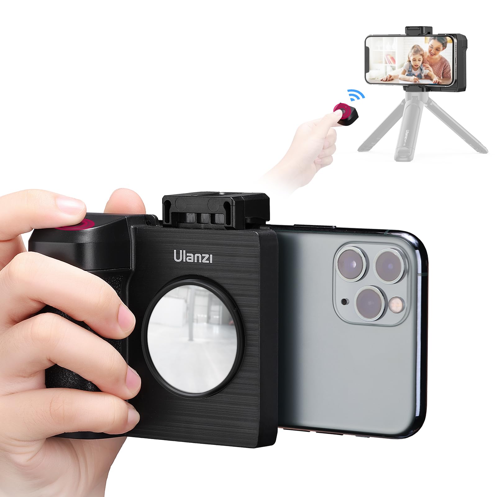CapGrip II Smartphone Camera Grip Holder w Remote Control Shutter 1/4" Tripod Mount Phone Clip for iPhone 14 13 X Max Pro Samsung Google & Android Phone Selfie Vlog Video Shooting Cold Shoe - CG01