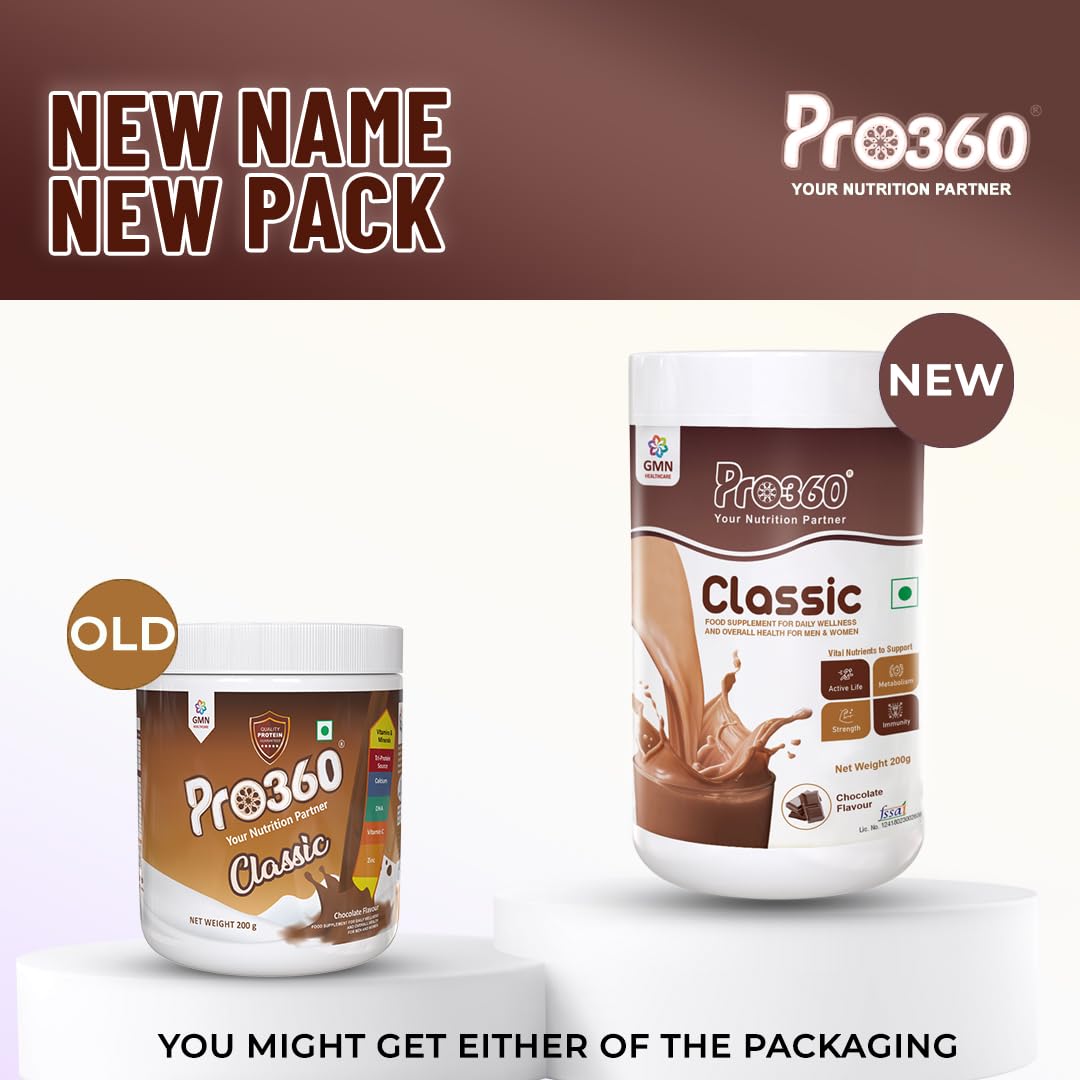 Pro360 Classic Daily Wellness Nutritional Protein Supplement Powder for Men and Women - Instant Beverage Mix - 200+200g (Chocolate) Pack of 2 Pro360 Classic Daily Wellness Nutritional Protein Supplement Powder for Men and Women - Instant Beverage Mix - 200+200g (Chocolate) Pack of 2