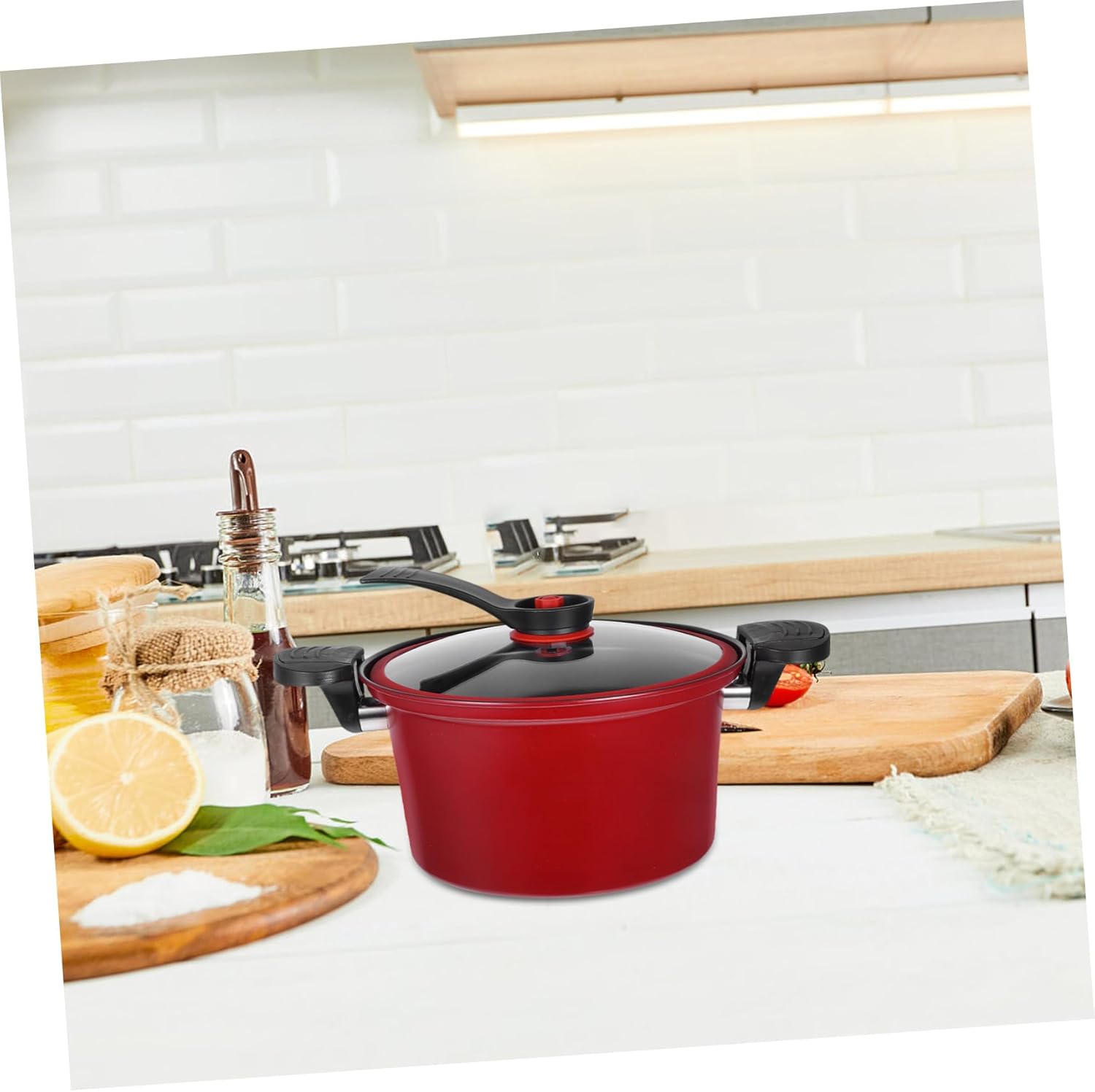 OUNONA Micro Pressure Soup Pot Red Non Stick Low Pressure Cooker with Heat Resistant Double Handles for Household Multifunctional Cooking and Even Heating