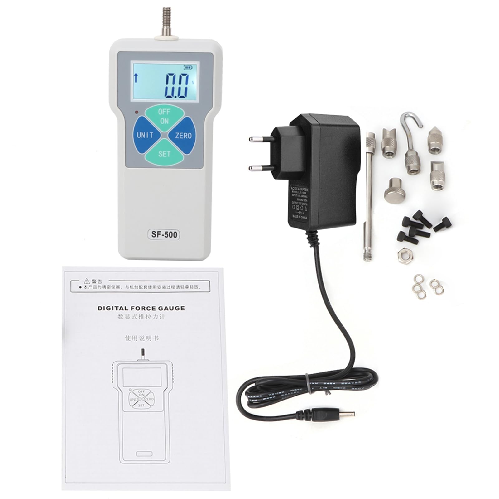 Jauge de Force Numérique SF-500, Jauge de Force Portable 500N 100-240V avec Batterie au Lithium 3,7V (Prise UE)