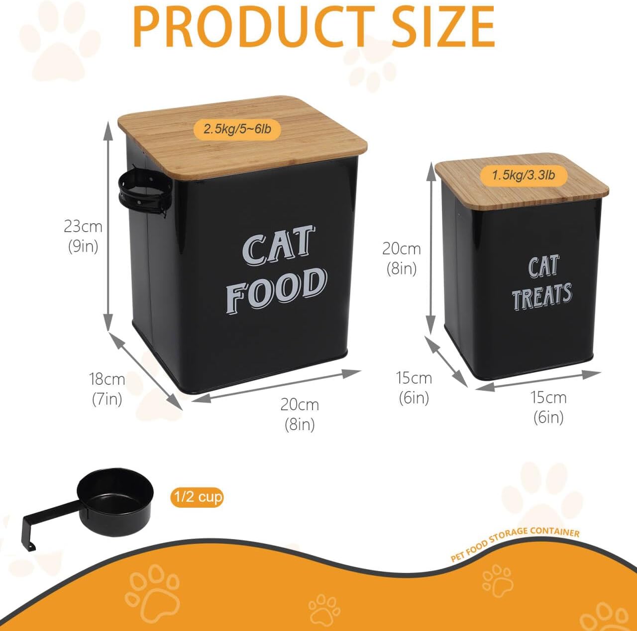 Pethiy Cat Food and Treats Containers Set with Scoop for Cats or Dogs -Tight Fitting Wood Lids - Coated Carbon Steel - Storage Canister Tins-Cat-Black