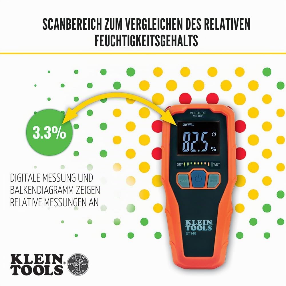 Klein Tools ET140 | Feuchtigkeitsmessgerät | Pinloser Detektor für Holz und Baustoffe | LED-Anzeige & akustischer Alarm | Erkennung bis 19 mm Tiefe | Für Wand-, Boden- & Heimwerkerarbeiten