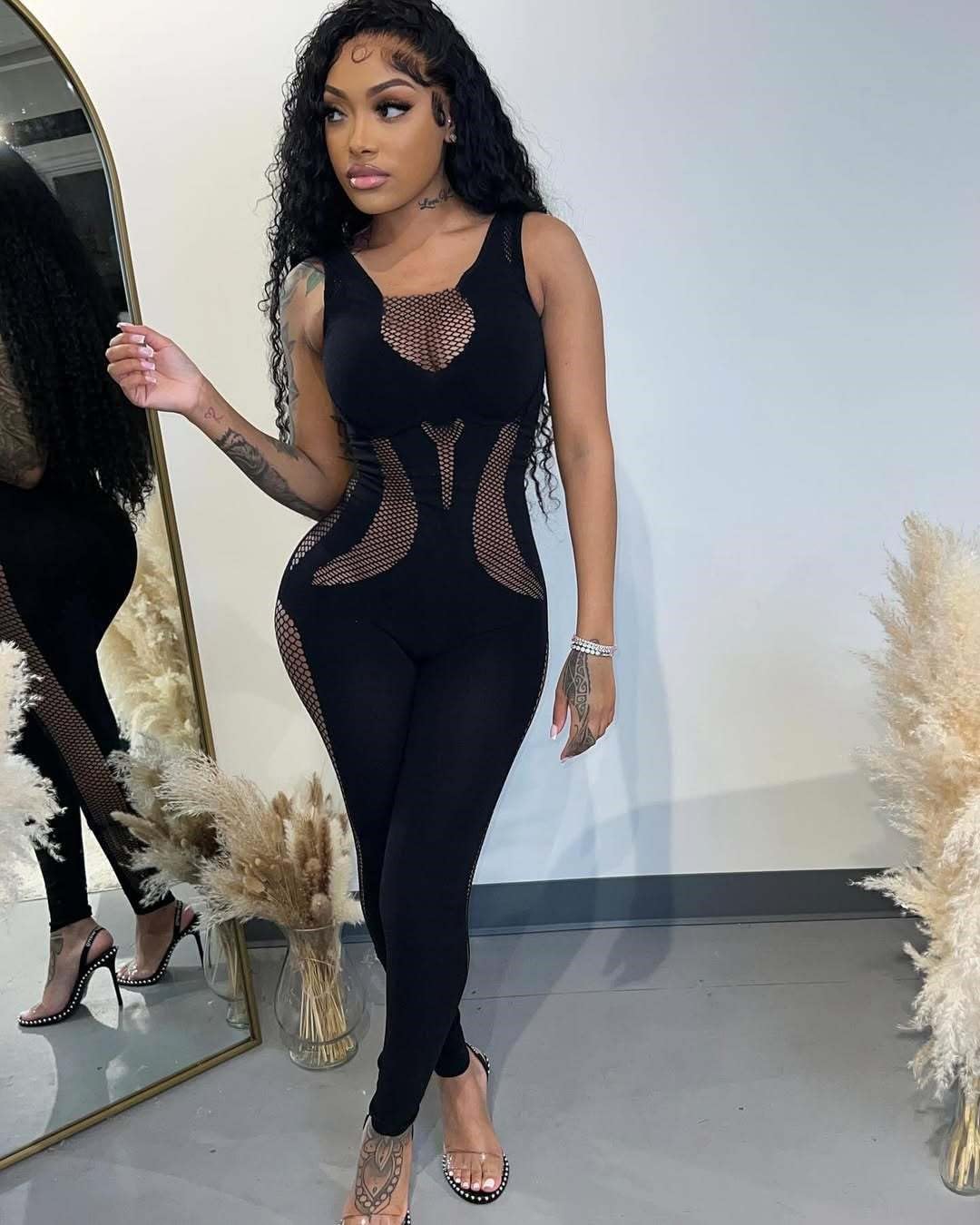 Sexy Jumpsuit for Women Sleeveless Hollow Out Sheer Mesh Jumpsuit Black Pants Romper Club Outfits - Image 6