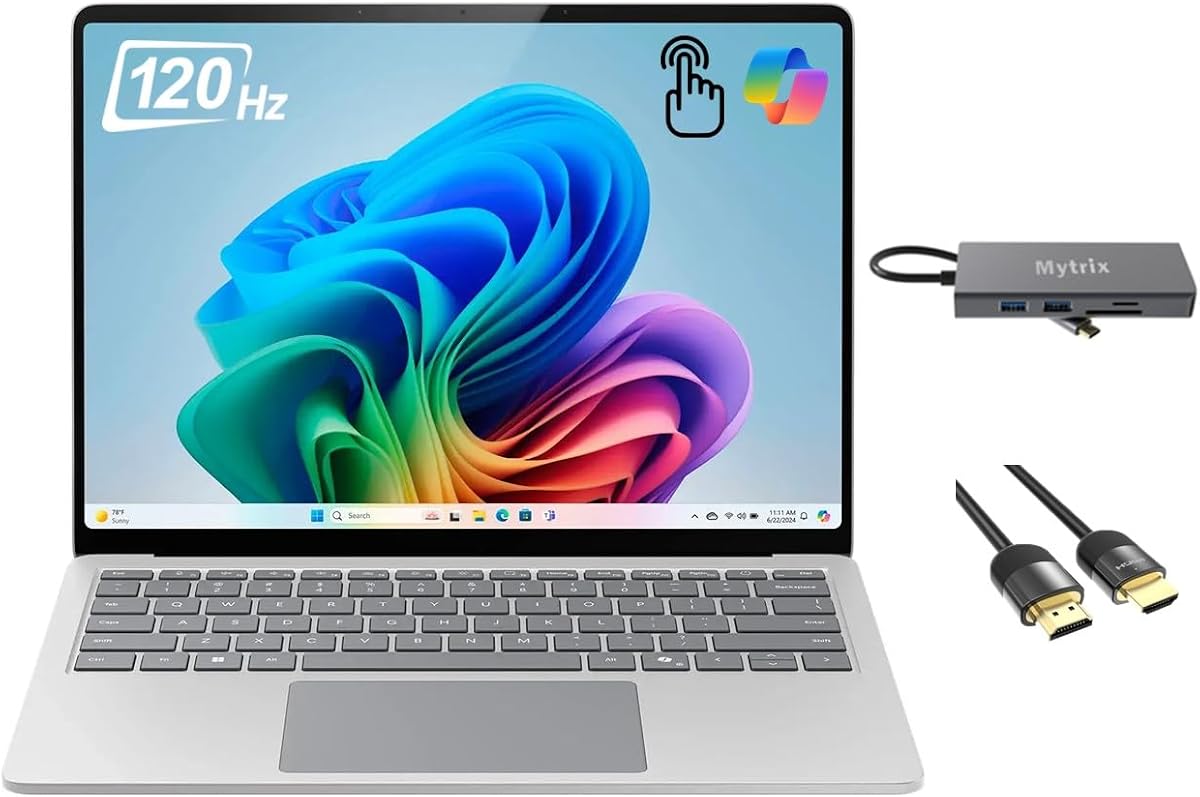 Microsoft Surface Laptop 7 Copilot+ PC, 13.8" HDR Touchscreen, 10-Core Qualcomm Snapdragon X Plus, Qualcomm Adreno GPU, 16GB RAM, 512GB SSD, WiFi 7, Backlit, 11-in-1 Hub, HDMI Cable, Win 11, Platinum