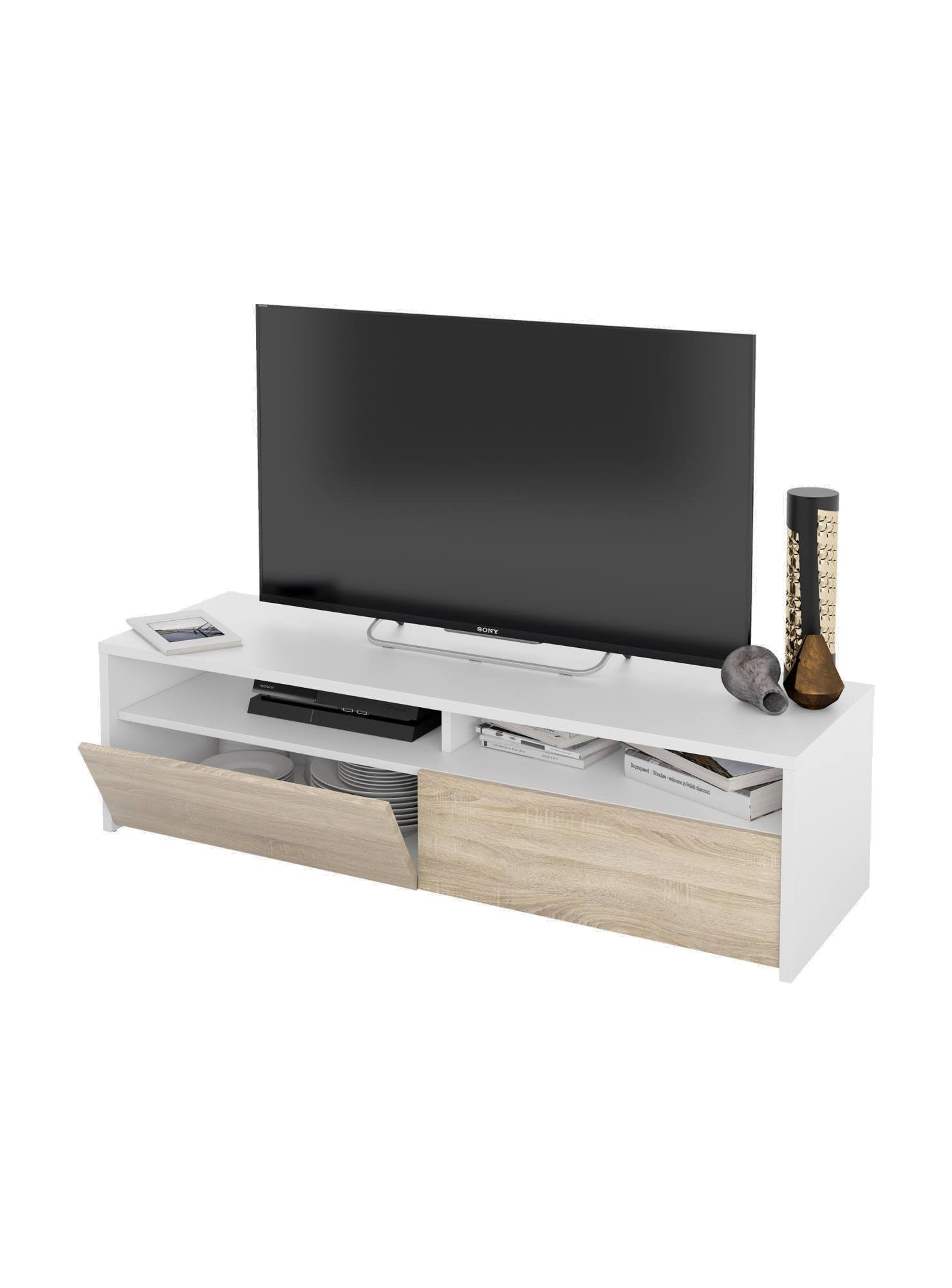 Dmora Mobile Basso TV 2 Ante-Legno Bianco e Rovere, 130 x 36 x 42 cm