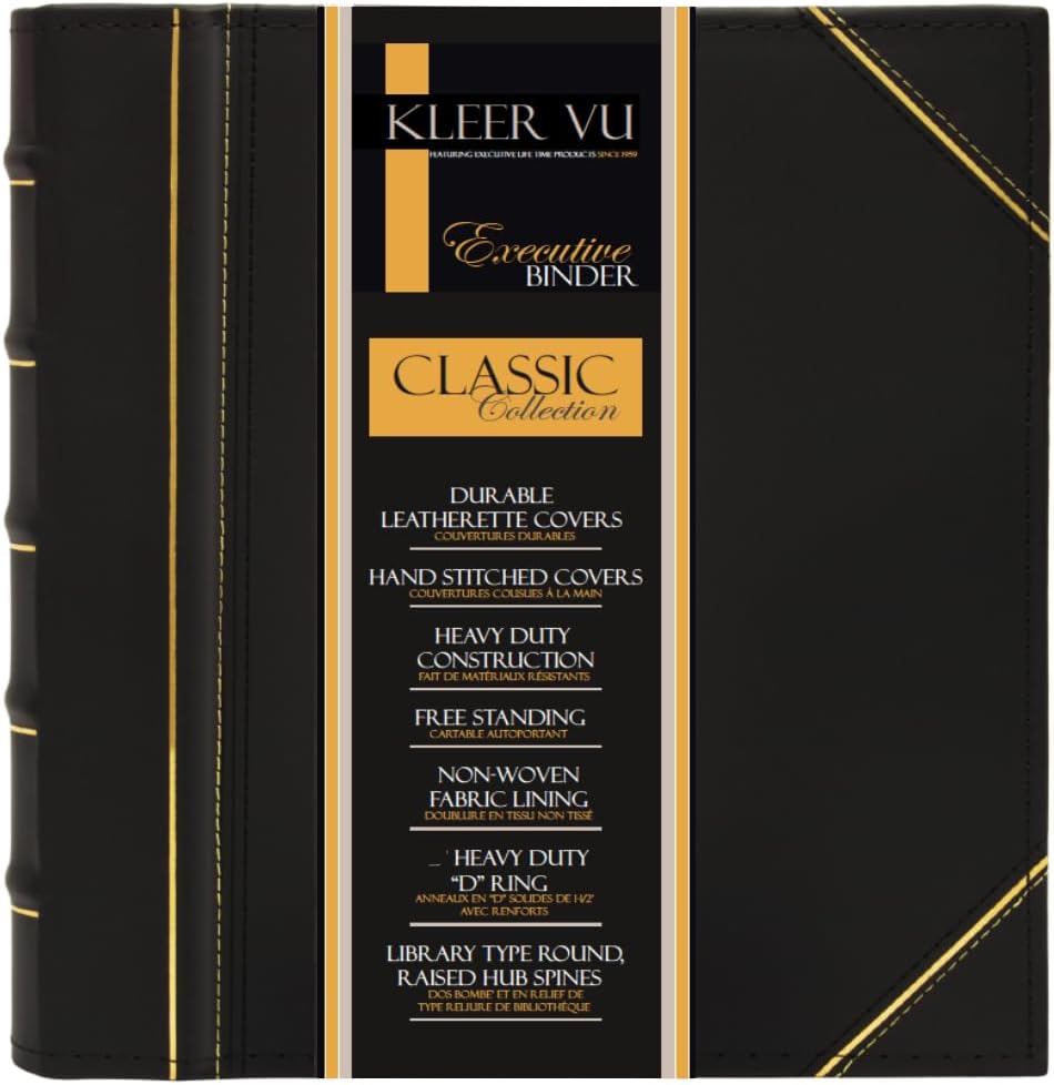 Executive Binder, English Leather, Hand Stitching and Ribbed Spine, Heavy Duty 1" Inch 3 D-Ring with Buster, Black and Gold (1" inch)