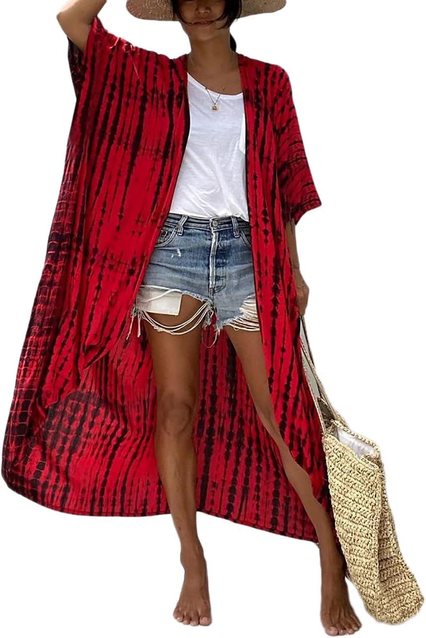 Bsubseach Stylish Tie Dye Open Front Long Kimono Swimsuit Cover Up for Women Swimwear Cover Ups