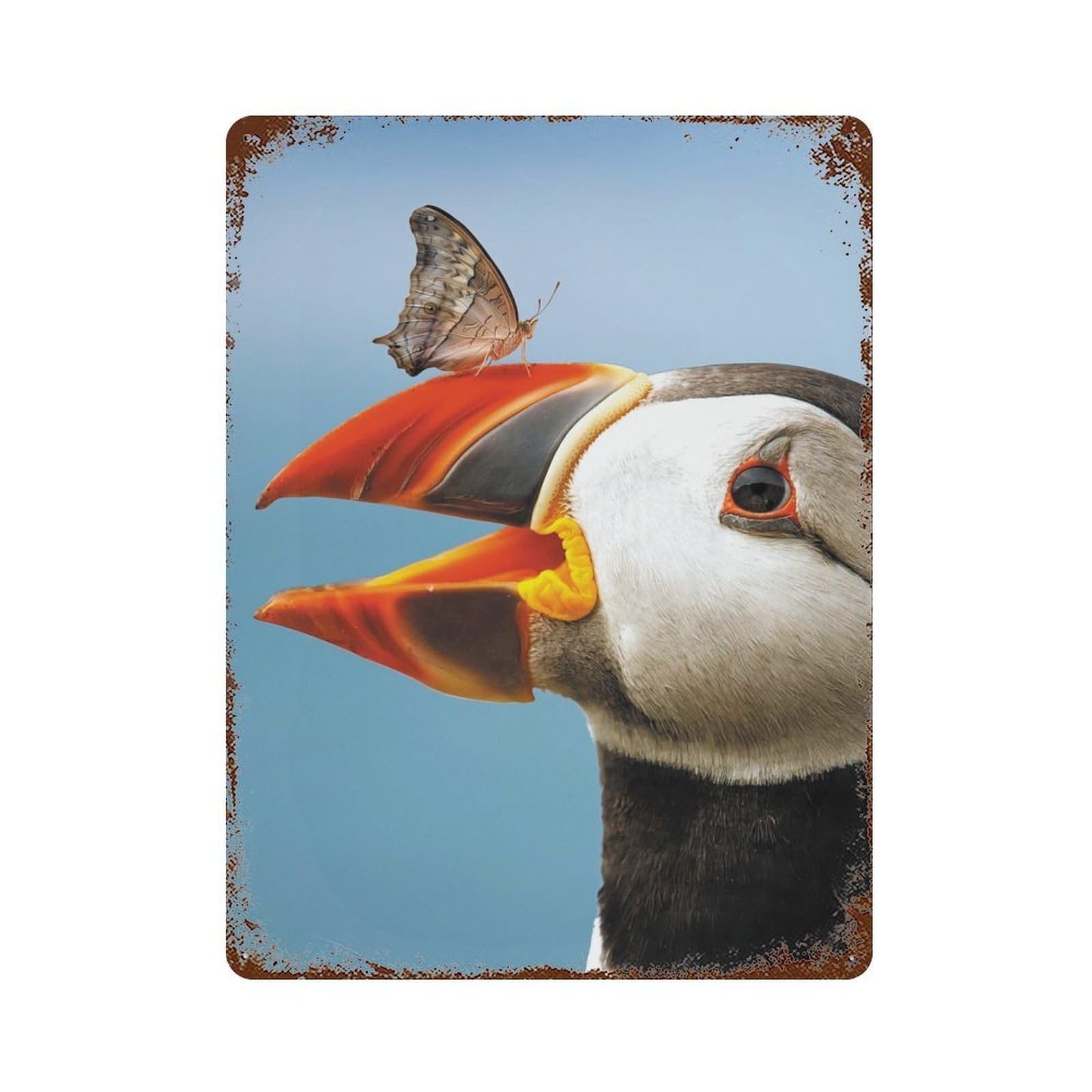 Rusty Metal Tin Sign with Atlantic Puffin Butterfly Design 15.7"x11.8", for Farmhouse, Kitchen And Entryway Decor, Rustic Home Decor