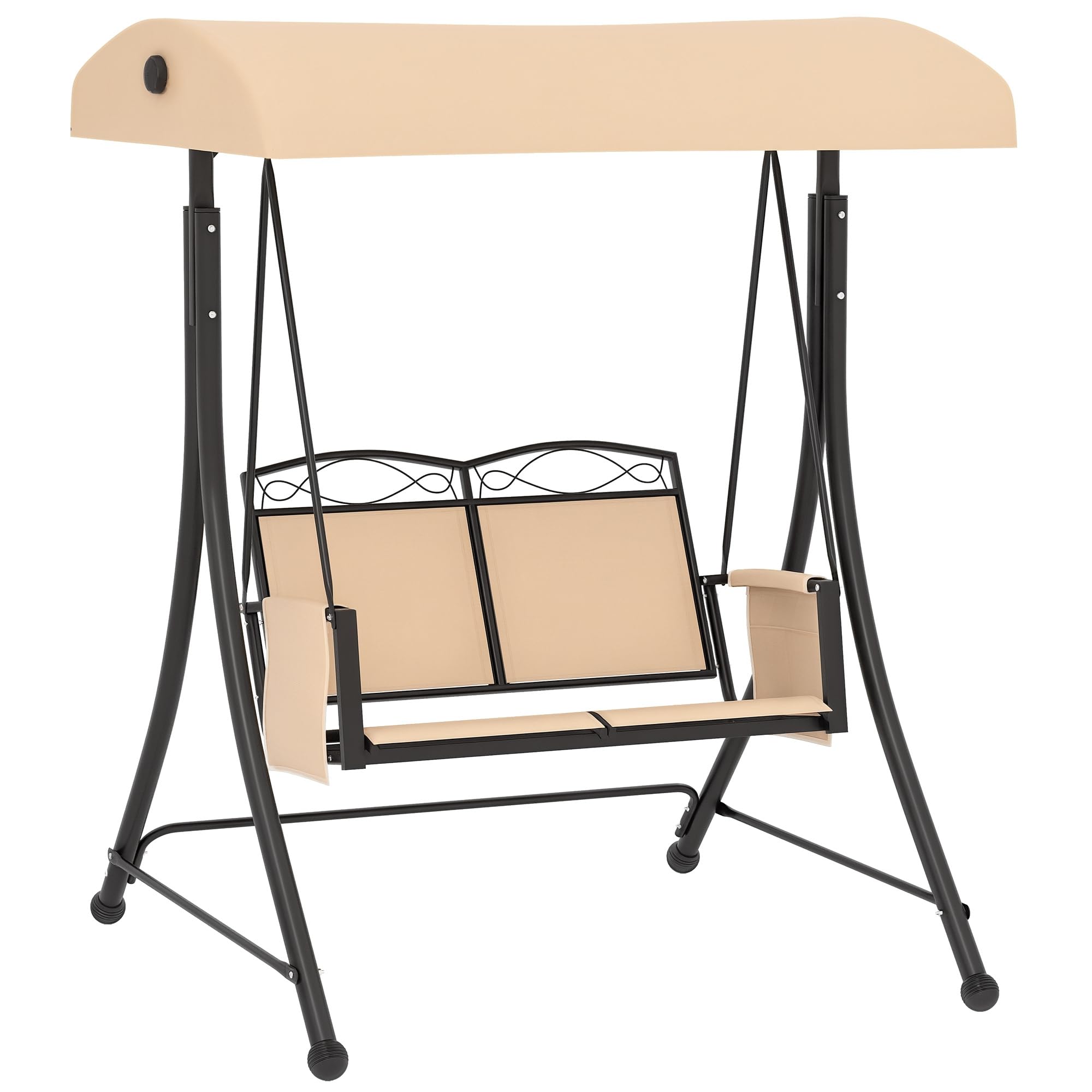 Outsunny Dondolo da Giardino 2 Posti con Tettuccio Parasole Regolabile, Dondolo con Tasche Laterali, Acciaio e Tessuto a Rete, Beige