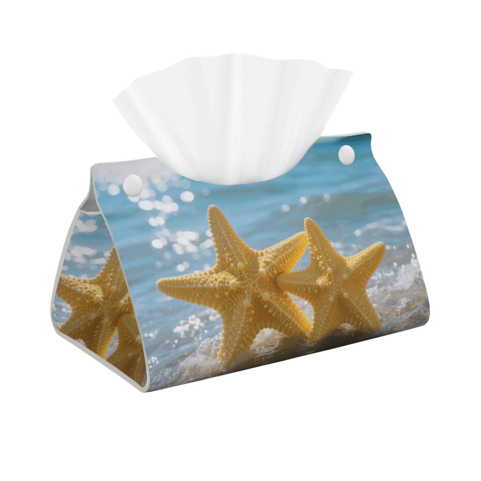 Pu Leather Tissue Box Cover, Yellow Starfish On Beach Rectangle Tissue Case Covers Decorative Tissue Box Holder Waterproof Tissue Holder Organizer for Bathroom Home Office
