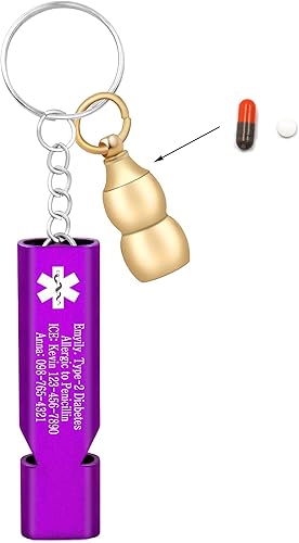 Miniatura 16 de Llavero médico de emergencia con silbato de seguridad fuerte y pastillero, herramienta de alerta EDC para personas mayores, adultos, uso al aire