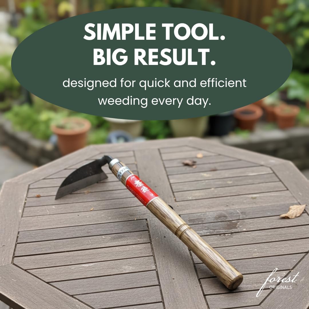 forest Originals Hounen Miyawaki Japanese Weeding Sickle, Twisted Stainless Steel Kama Weeder (4.7 in (12 cm) Blade), 13 in (33 cm) Wood Handle, Root Slicer for Garden Beds & Crabgrass, Made in Japan