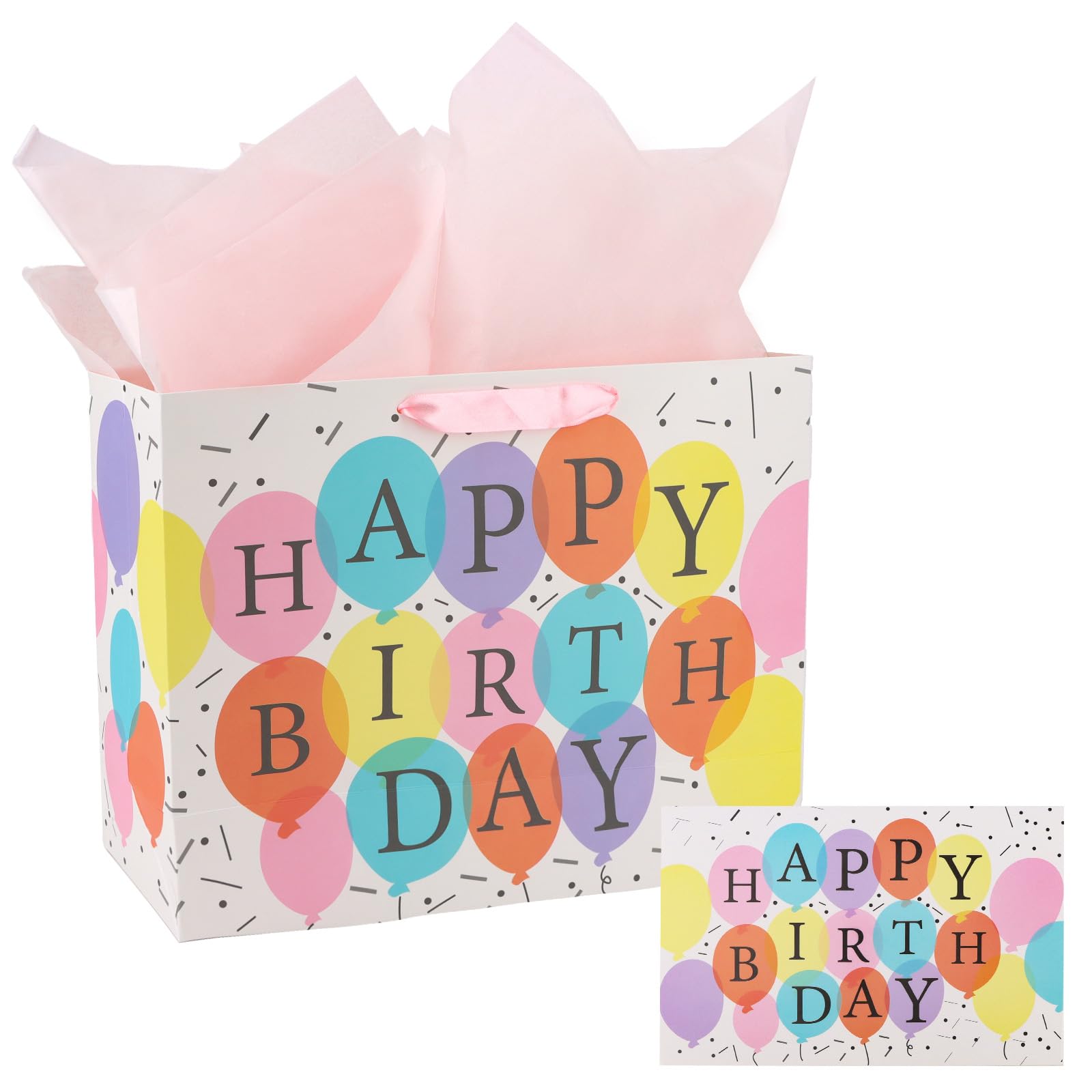 Oblihumoy Birthday Gift Bag with Tissue Paper and Greeting Card, Large Paper Bags with Handles, Luxury Birthday Supplies for Kids Adults