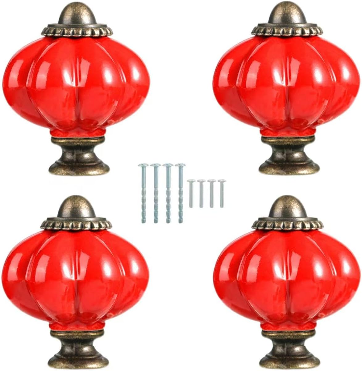 4 pcs Red Pumpkin Knobs, Vintage Ceramic Cabinet Knobs, Dresser, Drawer,Door Knobs Drawer Pulls Dresser Handles with Mounting Screws