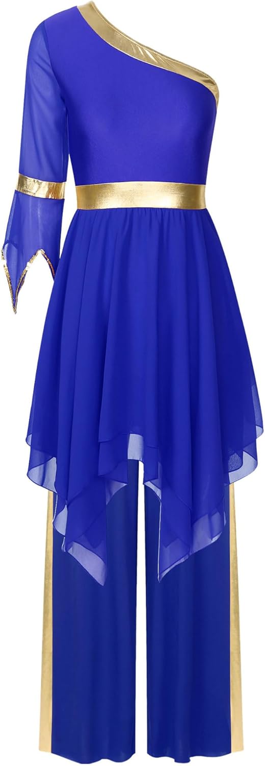 YEAHDOR Women's Worship Praise Dance Outfits Flared Sleeve Dance Dress and Wide-leg Pants 2 Piece Set