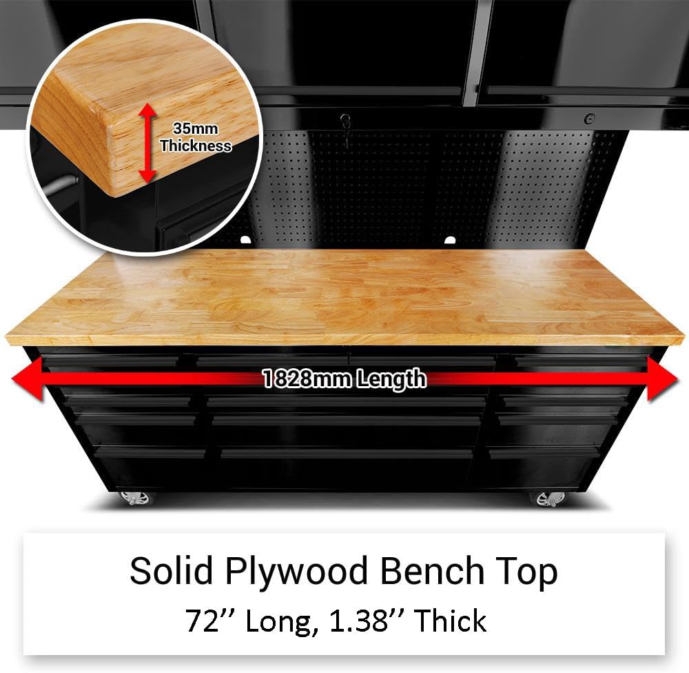 72-Inch Rolling Tool Chest with 15 Drawers + 3 Upper Cabinets, Mobile Workbench, Assembled Large Tool Box Lockable Storage Cabinet with Wheels for Garage Workshop, Matte Black