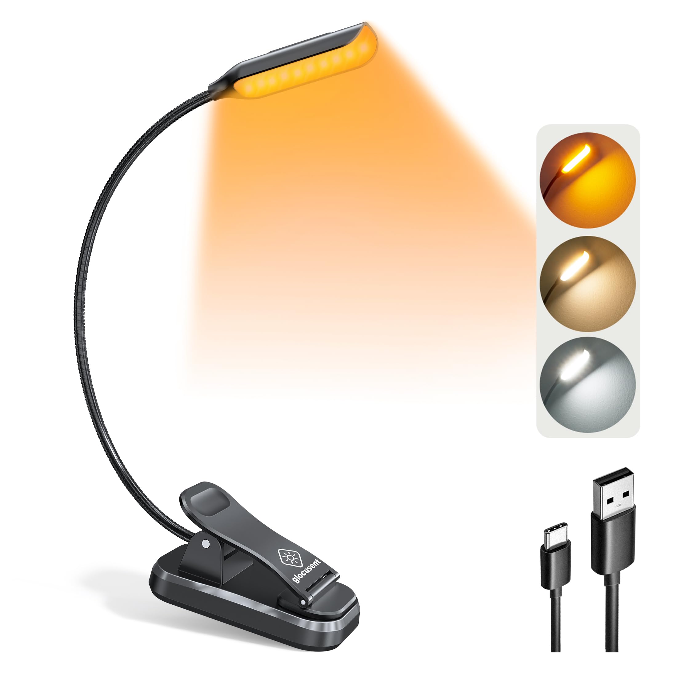 Glocusent Leselampe Buch Klemme, Wiederaufladbare Buchlampe mit 10 LEDs, 3 Farben & 3 Helligkeiten, Lange Laufzeit Klemmlampe bis zu 80 Stunden, 360° Flexibel Leselicht für Nachtlesen