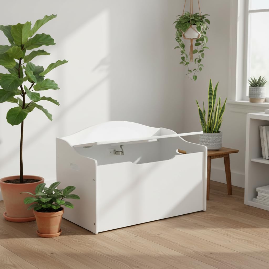 Leomark Ławka dziecięca drewniana – Classic White XL – ławka dziecięca, pojemnik na zabawki, skrzynia do pokoju dziecięcego, meble dziecięce, wysokość ławki: 46 cm