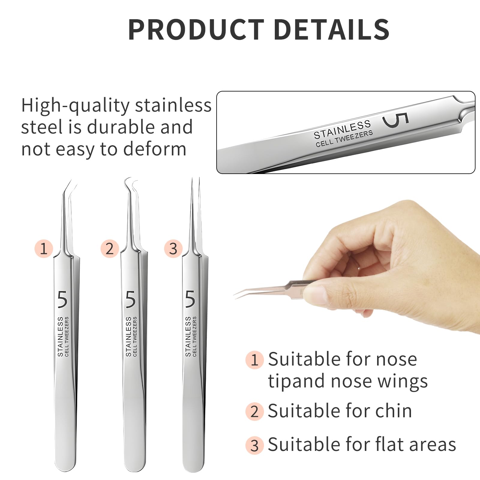 3 Piezas Pinzas de Punta Fina, Eliminación de Pinzas Blackhead Precisión Acero Inoxidable Depilar Punta Fina Profesionales para Espinillas Acné Cejas Pelo Encarnado (con Caja)