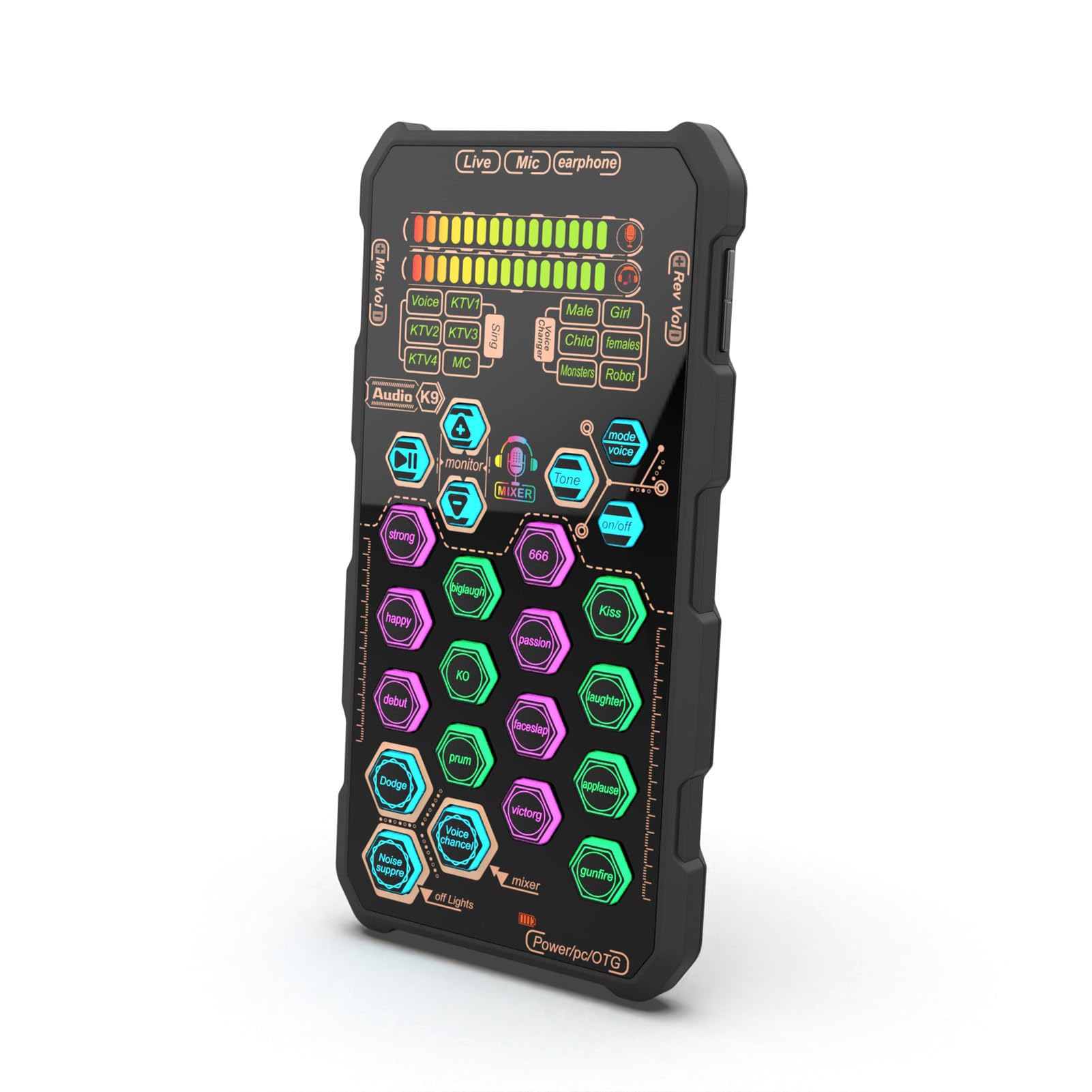 Scheda Audio Live Portatile K9 con di Voce - 6 modalità di Canto e 6 Effetti Vocali - Mixer USB per Karaoke e Registrazione - Compatta e Facile da Usare per Podcaster e Streamer