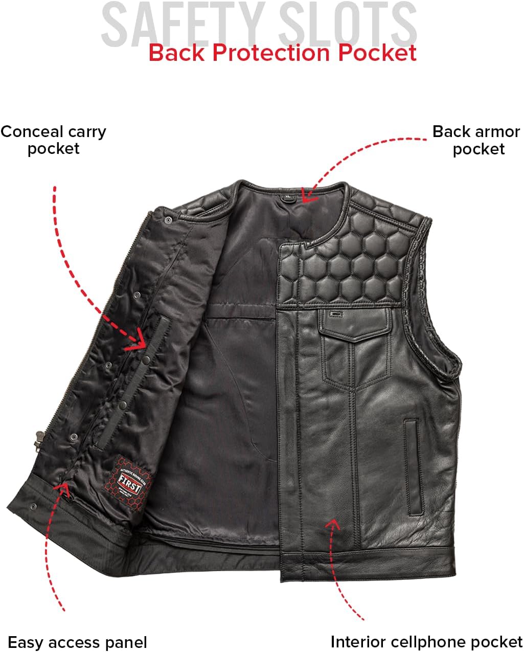 First Mfg Co Hornet Men’s Motorcycle Premium Leather Vest, Beehive Stitch, Rolled Collar, Honeycomb Quilted Top, YKK Zippers - Image 3