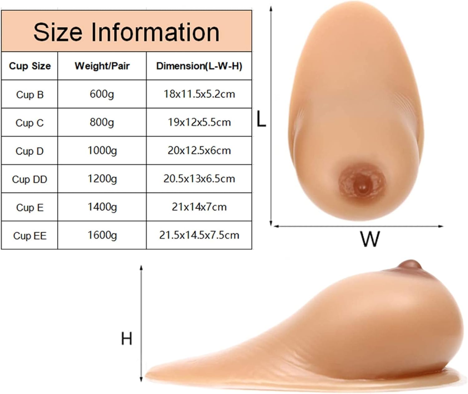 1 Pair Self Adhesive Silicone Breast Forms Lifelike Nipple for Woman Chest Improvement Lifelike Fake Breast for Mastectomy/Crossdresser/Cosplay (Size : D~Cup(1000g/pair))