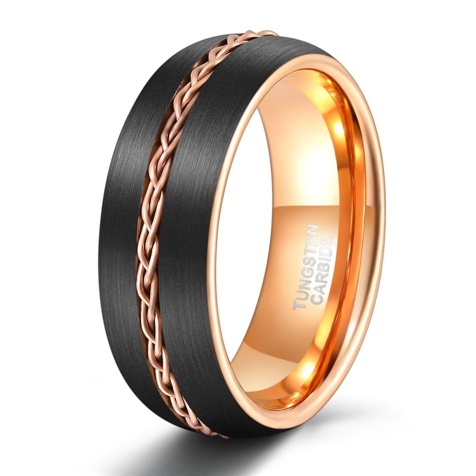 Bague Personnalisable Homme Tungstène, 8MM Rond Brossé avec Chaîne, Bague de Fiançaille et Alliance Or Rose Noir