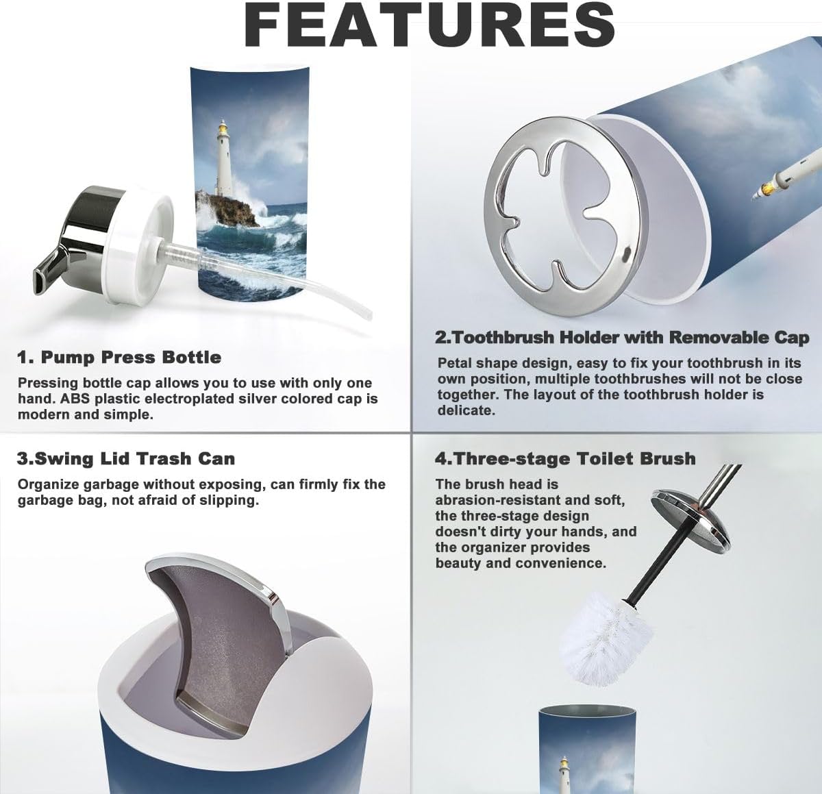 Bathroom Accessory Set 6 Piece White Lighthouse Cliff Toothbrush Holder, Toothbrush Cup, Soap Dispenser, Soap Dish, Toilet Brush Holder, Trash can, aibsGFawtj8nw-6j