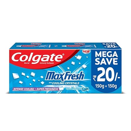 Colgate MaxFresh 300g (150g x 2, Pack of 2) Toothpaste, Blue Gel Paste with Menthol for Super Fresh Breath (Peppermint Ice, Saver Pack)